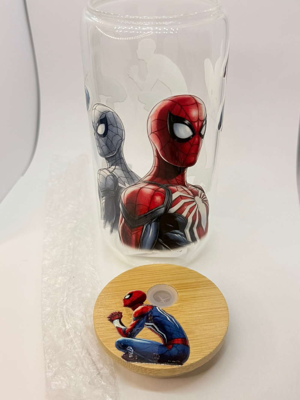Spider-Man Themed Glass Canister with Wooden Lid - Red & Blue